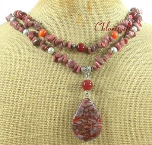 SAGE PLUME AGATE & RHODONITE & CARNELIAN 2ROW NECKLACE