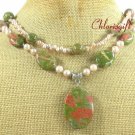 UNAKITE & FRESH WATER PEARL 2ROW NECKLACE