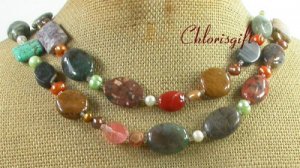 MULTI GEMSTONE & FW PEARL 2ROW NECKLACE