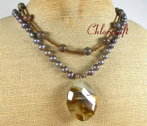 TIGER QUARTZ POPPY JASPER PEARLS 2ROW NECKLACE
