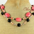 RED TURQUOISE BLACK AGATE CORAL PEARLS 2ROW NECKLACE