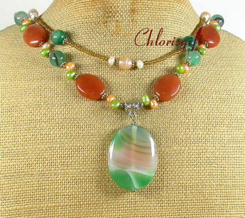 GREEN AGATE HONEY JADE PEARLS 2ROW NECKLACE