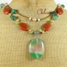 GREEN AGATE HONEY JADE PEARLS 2ROW NECKLACE
