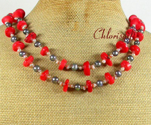 RED CORAL & FRESH WATER PEARLS 2ROW NECKLACE