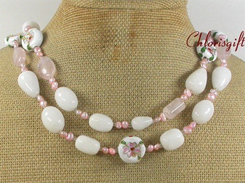WHITE JADE ROSE QUARTZ FLOWER CLOISONNE 2ROW NECKLACE