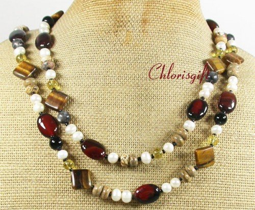 TIGER EYE AGATE JASPER CRYSTAL PEARLS 2ROW NECKLACE