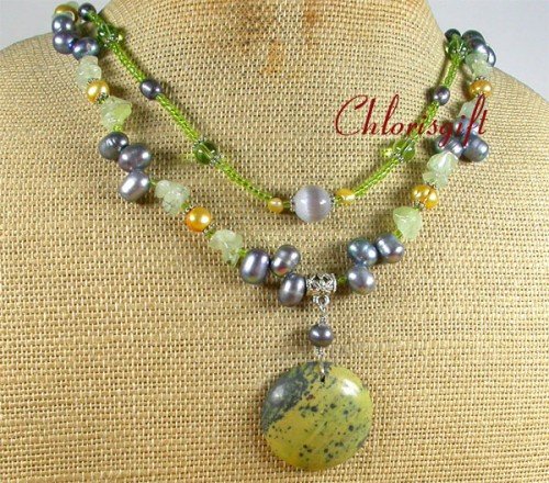 YELLOW TURQUOISE QUARTZ FW PEARL 2ROW NECKLACE