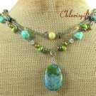 TURQUOISE & BLACK AGATE & FW PEARL 2ROW NECKLACE