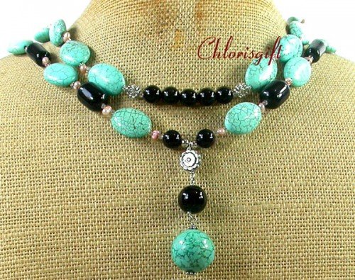 TURQUOISE & BLACK AGATE & FW PEARL 2ROW NECKLACE