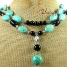 TURQUOISE & BLACK AGATE & FW PEARL 2ROW NECKLACE