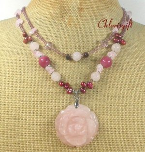ROSE QUARTZ FLOWER & JADE & FW PEARL 2ROW NECKLACE