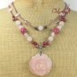 ROSE QUARTZ FLOWER & JADE & FW PEARL 2ROW NECKLACE