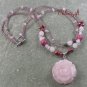 ROSE QUARTZ FLOWER & JADE & FW PEARL 2ROW NECKLACE