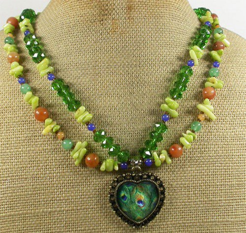 COPPER PEACOCK FEATHER & TURQUOISE & QUARTZ NECKLACE