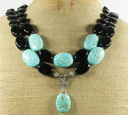 BLUE TURQUOISE BLACK AGATE 2ROW NECKLACE