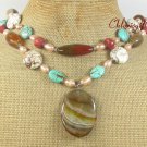 BRAZILIAN AGATE TURQUOISE CORAL FW PEARL 2ROW NECKLACE