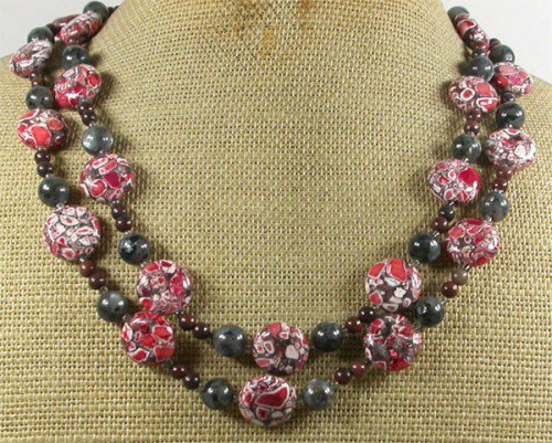 RED TURQUOISE BLACK LABORADITE JASPER 2ROW NECKLACE