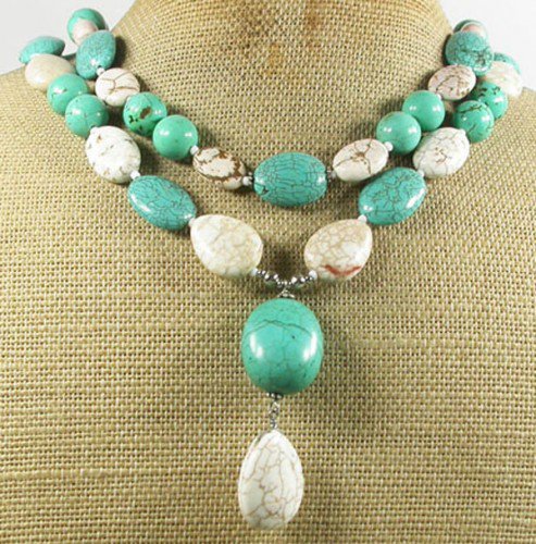 WHITE BLUE TURQUOISE 2ROW NECKLACE