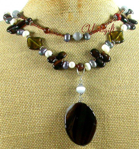 BLACK AGATE CRYSTAL CAT EYE FW PEARL 2ROW NECKLACE