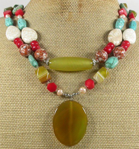 YELLOW AGATE TURQUOISE RED CORAL MOP 2ROW NECKLACE