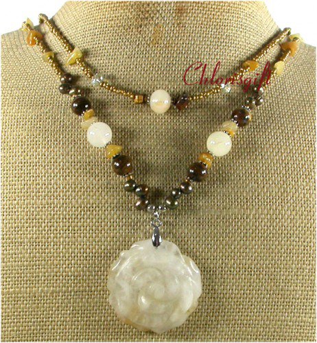 YELLOW JADE ROSE TIGER EYE PEARLS 2ROW NECKLACE