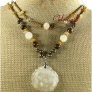 YELLOW JADE ROSE TIGER EYE PEARLS 2ROW NECKLACE