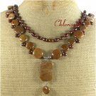 BROWN AGATE FRESH WATER PEARL 2ROW NECKLACE