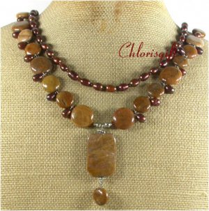 BROWN AGATE FRESH WATER PEARL 2ROW NECKLACE
