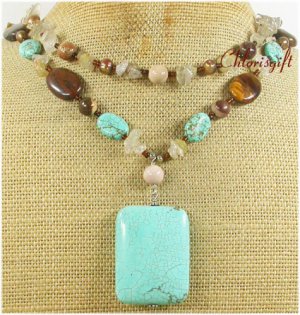 TURQUOISE TIGER EYE RUTILATED QUARTZ 2ROW NECKLACE