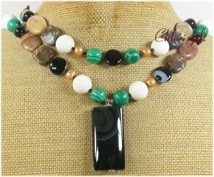 BLACK AGATE WHITE CORAL CRAZY AGATE 2ROW NECKLACE