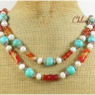 TURQUOISE & RED AGATE & FW PEARL 2ROW NECKLACE