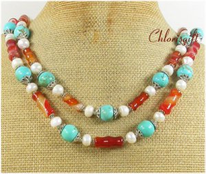 TURQUOISE & RED AGATE & FW PEARL 2ROW NECKLACE