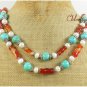 TURQUOISE & RED AGATE & FW PEARL 2ROW NECKLACE