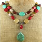 TURQUOISE RED CORAL YELLOW JADE AGATE 2ROW NECKLACE