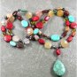 TURQUOISE RED CORAL YELLOW JADE AGATE 2ROW NECKLACE