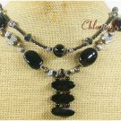 BLACK AGATE & CRYSTAL & FW PEARL 2ROW NECKLACE