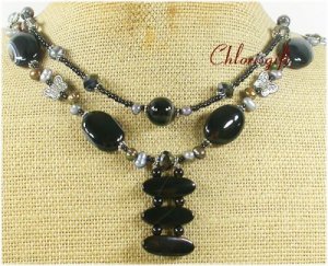 BLACK AGATE & CRYSTAL & FW PEARL 2ROW NECKLACE