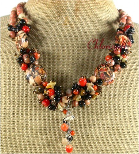 BROWN TURQUOISE TIGER EYE AGATE CORAL NECKLACE