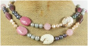 WHITE TURQUOISE RHODONITE ROSE QUARTZ 2ROW NECKLACE