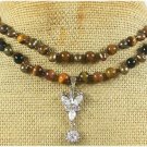 RHINESTONE PENDANT & TIGER EYE & AGATE 2ROW NECKLACE