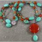 RED CARNELIAN TURQUOISE FW PEARL 2ROW NECKLACE