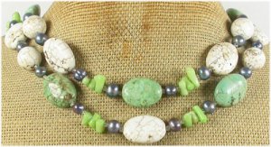 GREEN TURQUOISE WHITE TURQUOISE FW PEARL 2ROW NECKLACE