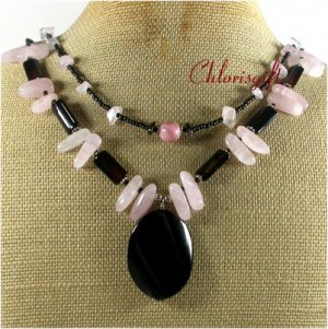 NATURAL BLACK AGATE ROSE QUARTZ 2ROW NECKLACE