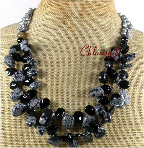 SNOWFLAKE OBSIDIAN BLACK AGATE CRYSTAL 2ROW NECKLACE