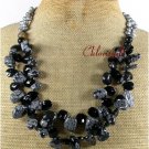 SNOWFLAKE OBSIDIAN BLACK AGATE CRYSTAL 2ROW NECKLACE