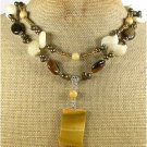 MOOKITE YELLOW JADE TIGER EYE PEARLS 2ROW NECKLACE