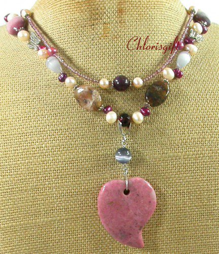 RHODONITE & MOOKITE & FW PEARL 2ROW NECKLACE