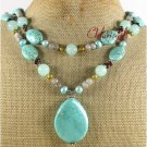 TURQUOISE BLUE GREY JADE GARNET PEARLS 2ROW NECKLACE