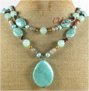 TURQUOISE BLUE GREY JADE GARNET PEARLS 2ROW NECKLACE
