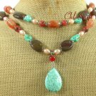 TURQUOISE & RED AGATE & IMPERIAL JASPER 2ROW NECKLACE